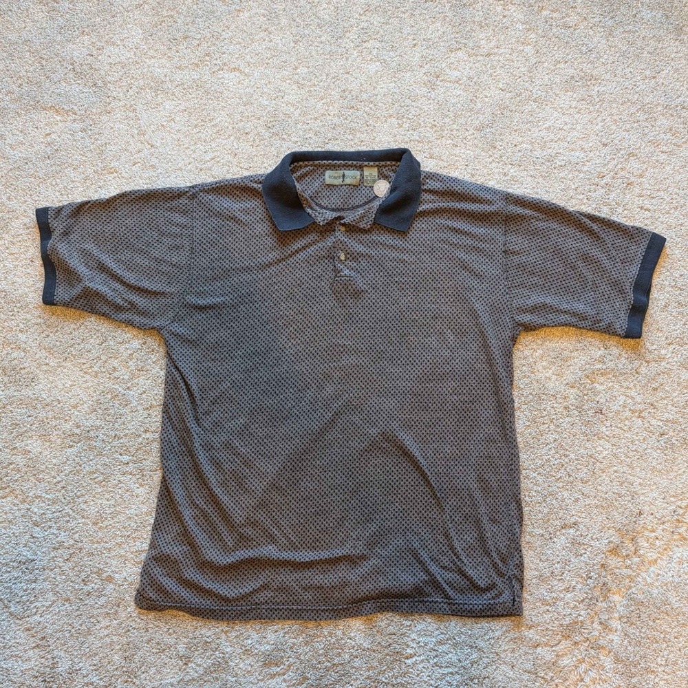 Robert Stock Polo Shirt Mens 2XL Grey Black Geometric Cotton Short Sleeve